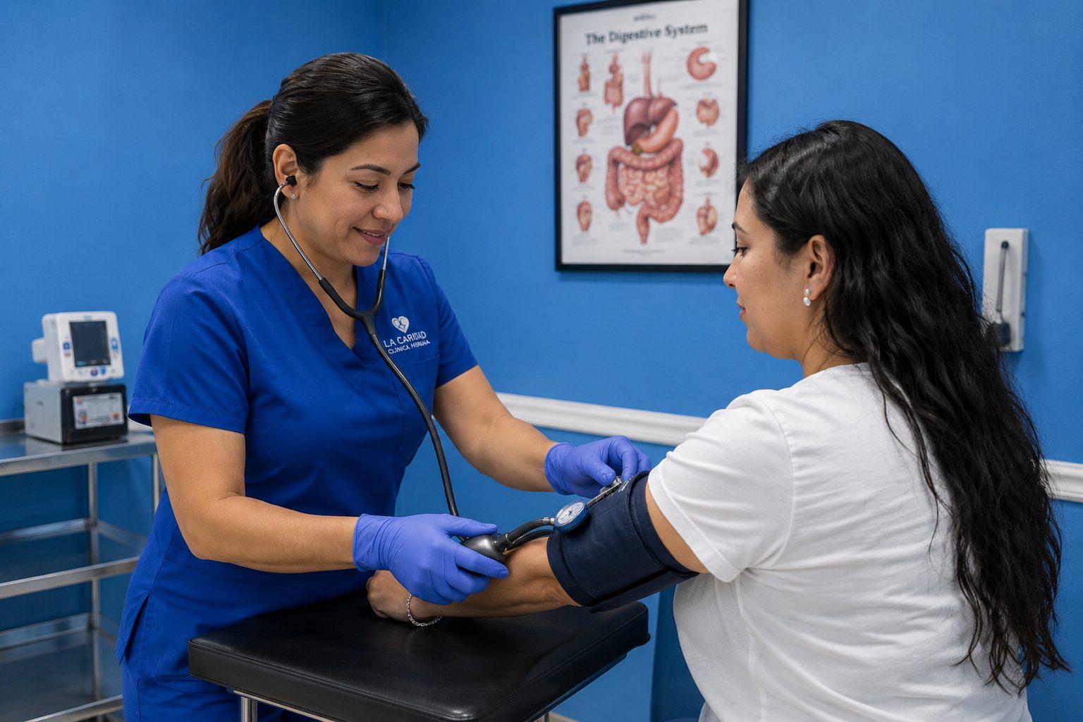 Enfermera tomando la presión arterial a una paciente en Clínica La Caridad, Arlington TX