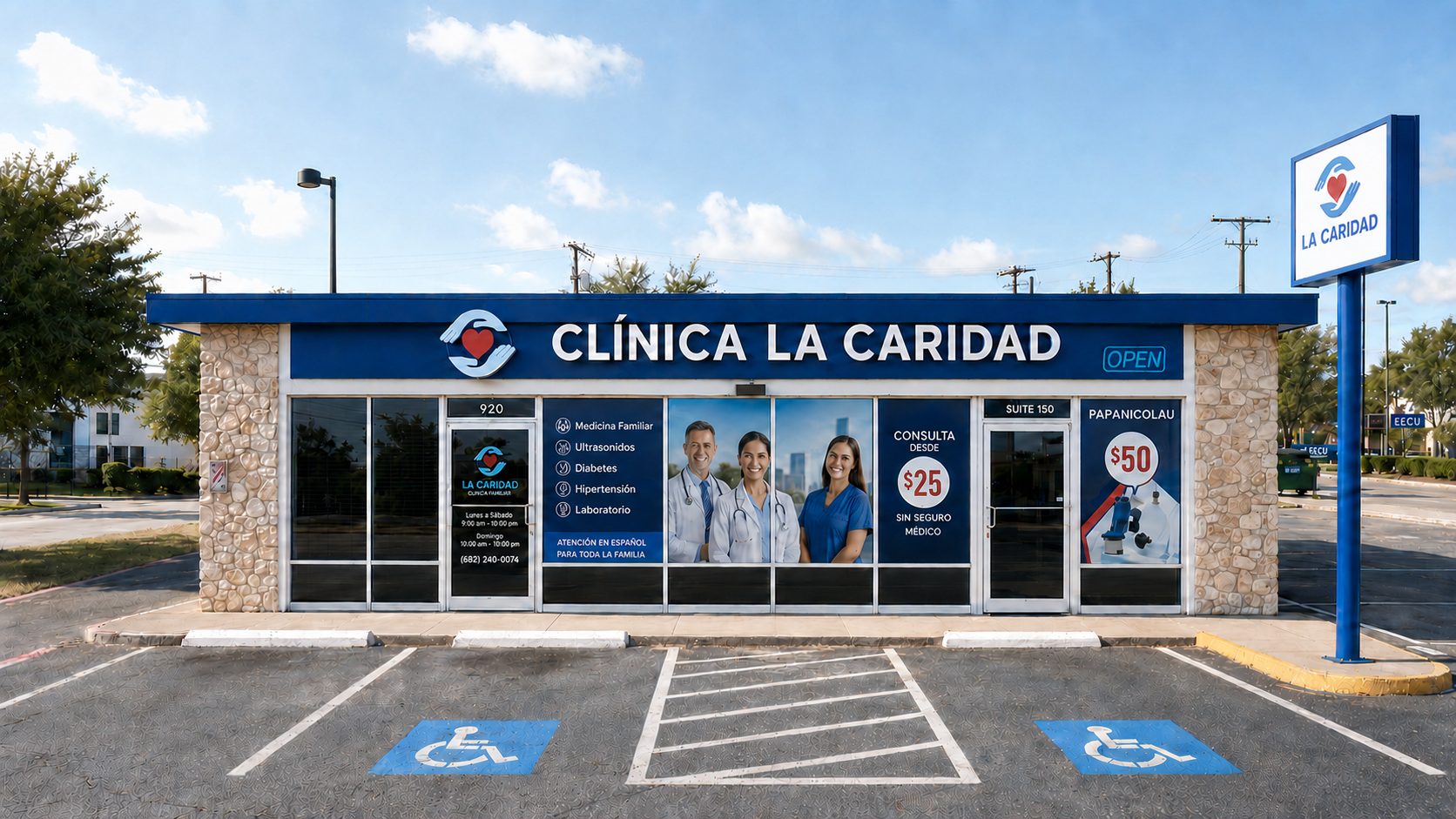 Fachada de la Clínica Hispana La Caridad en 920 W Pioneer Pkwy, Arlington TX